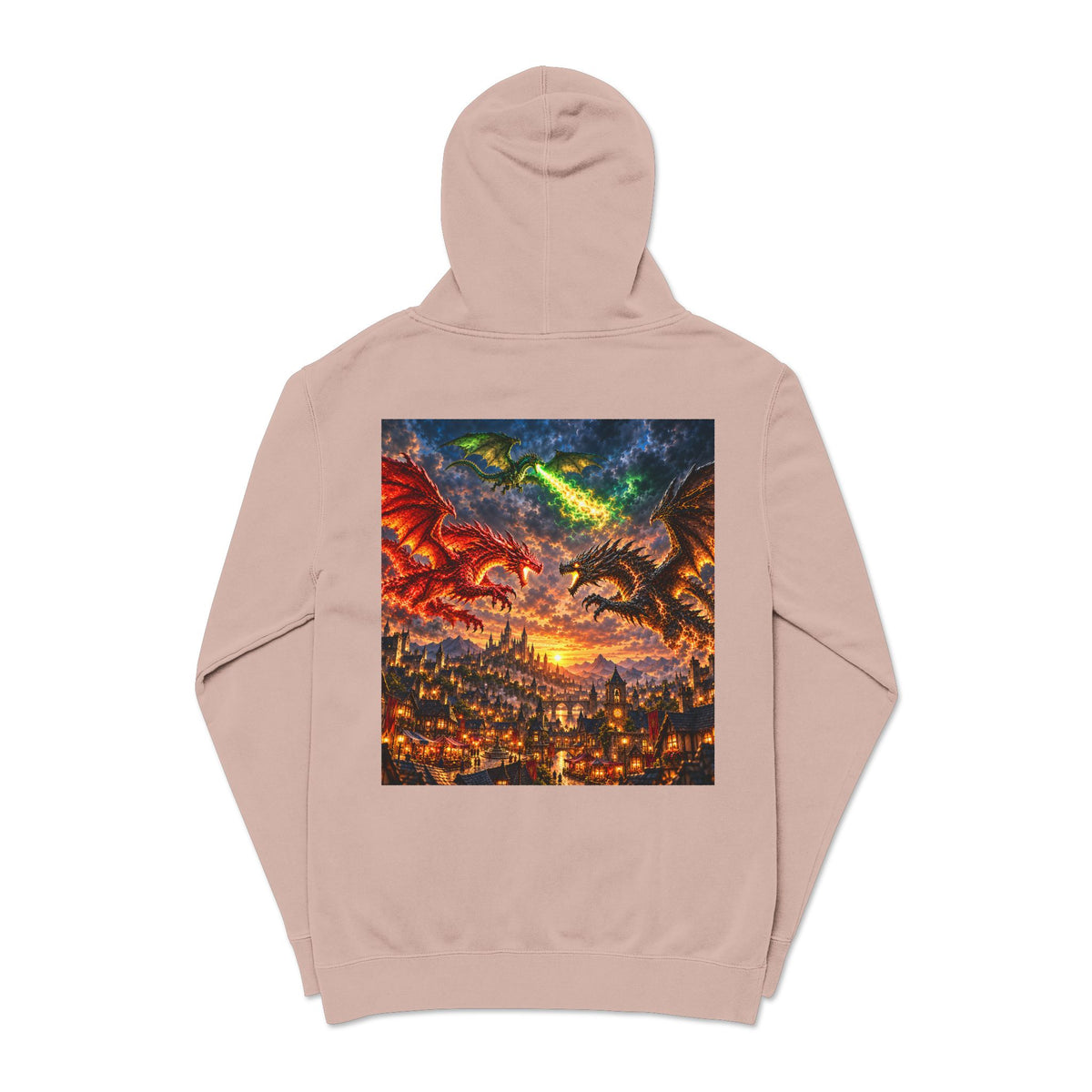 Dragon Battle Hoodie — Fantasy City Back Graphic Pigment-Dyed Sweatshirt
