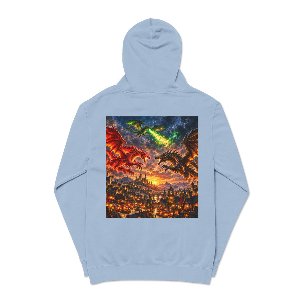 Dragon Battle Hoodie — Fantasy City Back Graphic Pigment-Dyed Sweatshirt