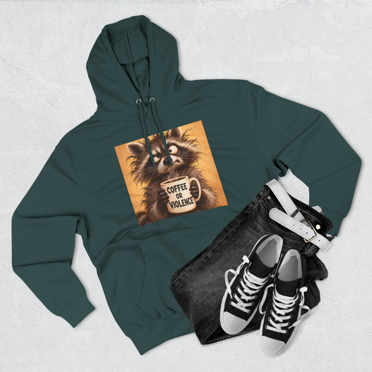 Coffee & Violence Raccoon Hoodie — Funny Vintage Animal Graphic Pullover