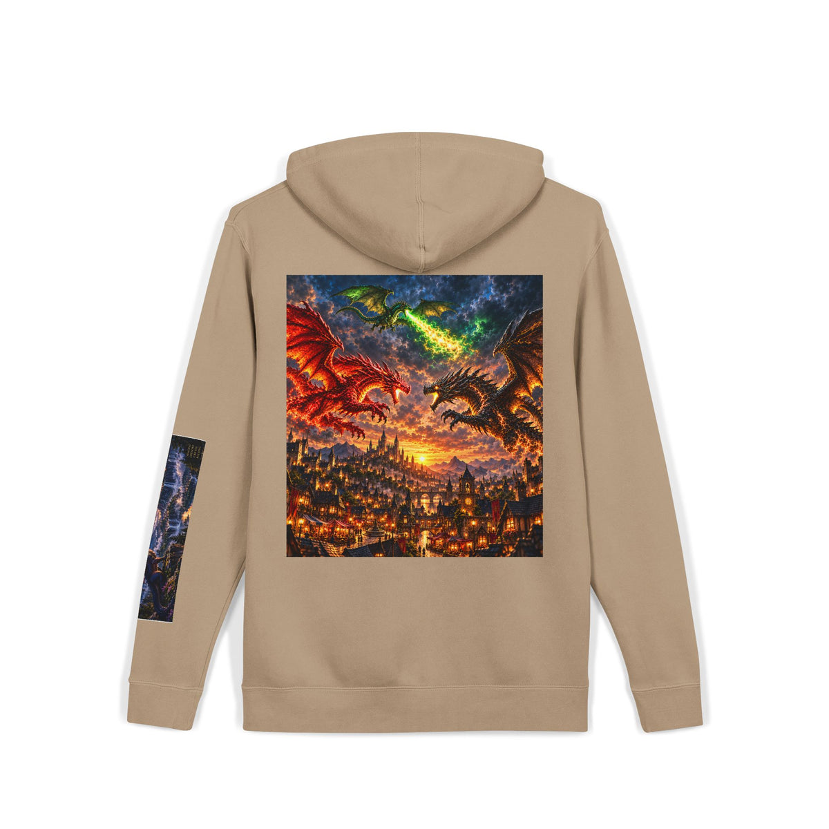 Dragon Battle Hoodie — Fantasy City Back Graphic Pigment-Dyed Sweatshirt