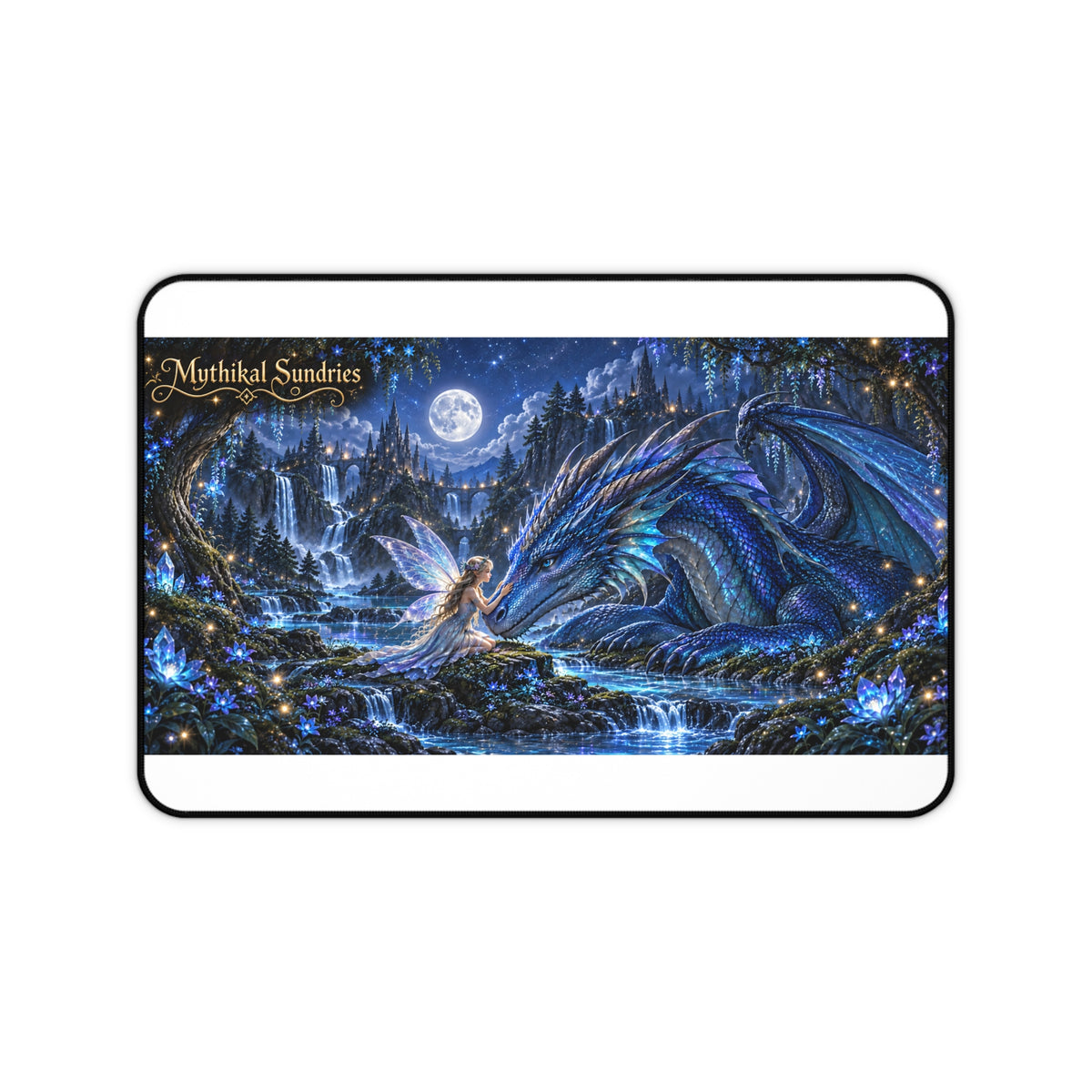 Fantasy Dragon & Fairy Desk Mat — Mystical Moonlit Office Mousepad