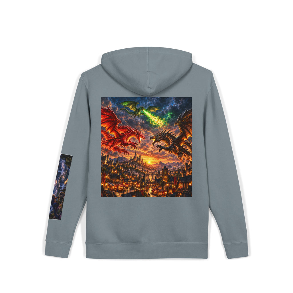 Dragon Battle Hoodie — Fantasy City Back Graphic Pigment-Dyed Sweatshirt