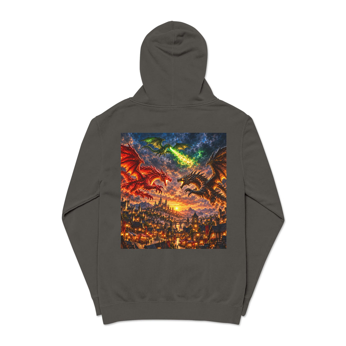 Dragon Battle Hoodie — Fantasy City Back Graphic Pigment-Dyed Sweatshirt