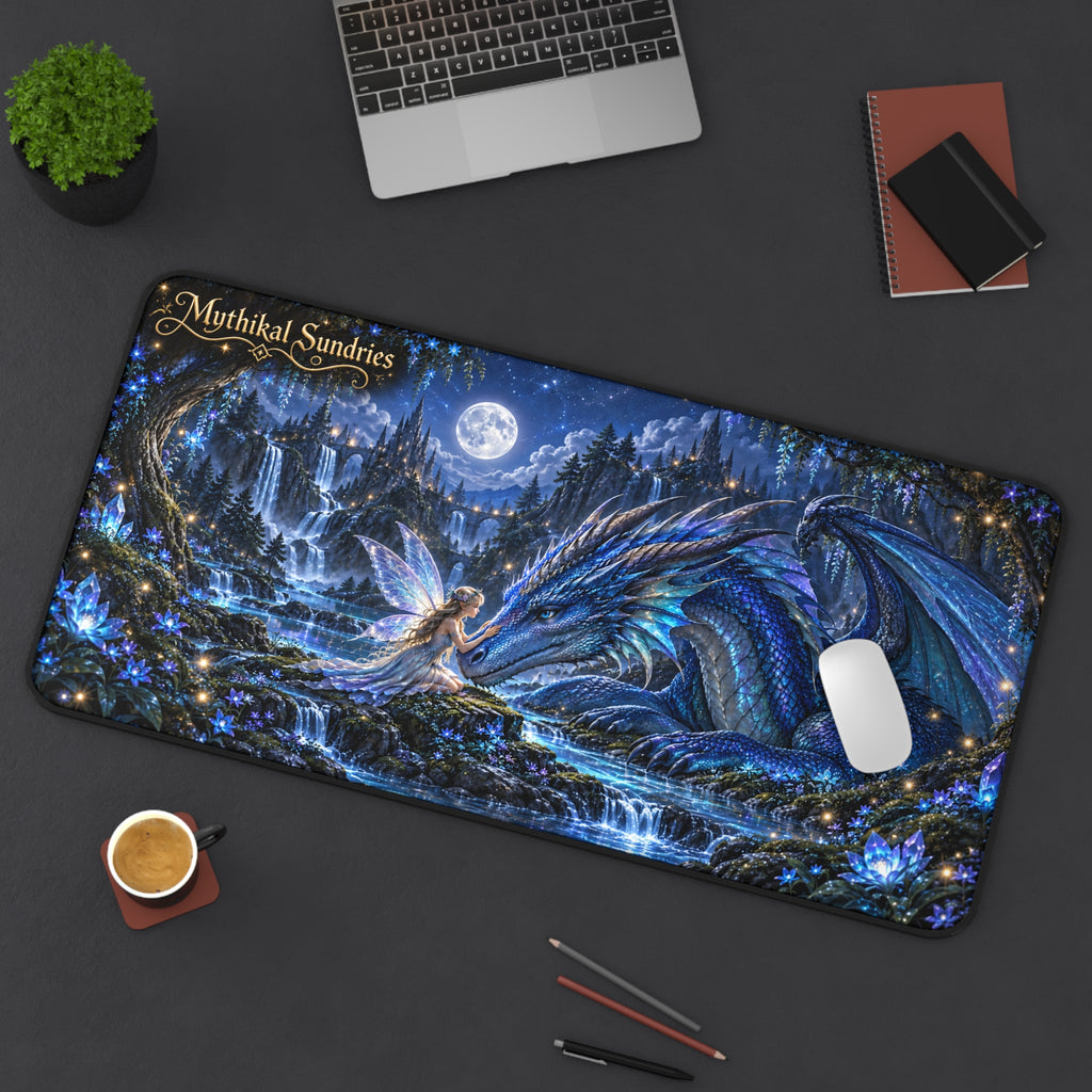Fantasy Dragon & Fairy Desk Mat — Mystical Moonlit Office Mousepad