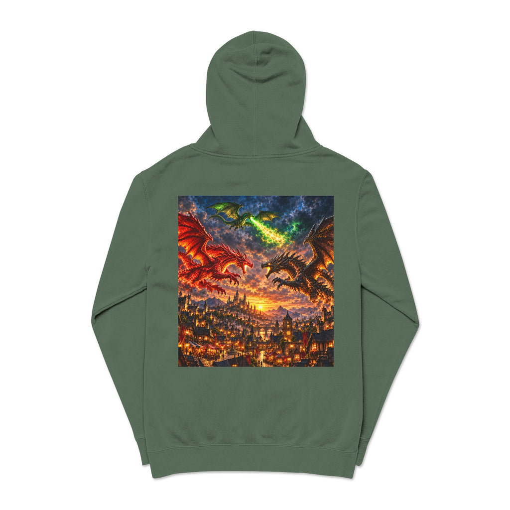 Dragon Battle Hoodie — Fantasy City Back Graphic Pigment-Dyed Sweatshirt
