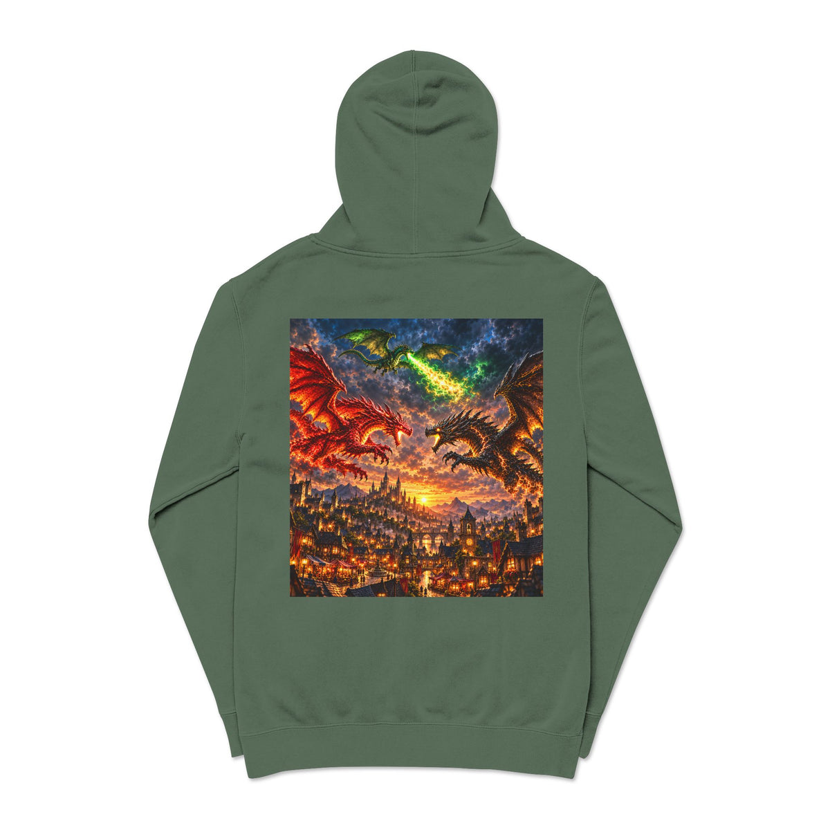 Dragon Battle Hoodie — Fantasy City Back Graphic Pigment-Dyed Sweatshirt