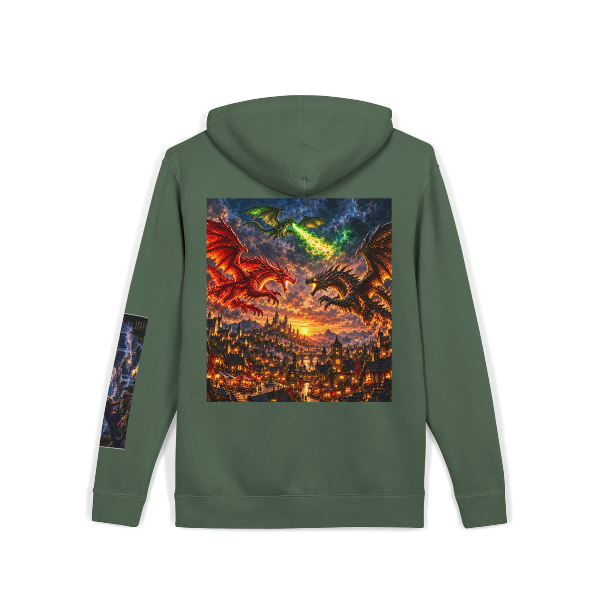 Dragon Battle Hoodie — Fantasy City Back Graphic Pigment-Dyed Sweatshirt