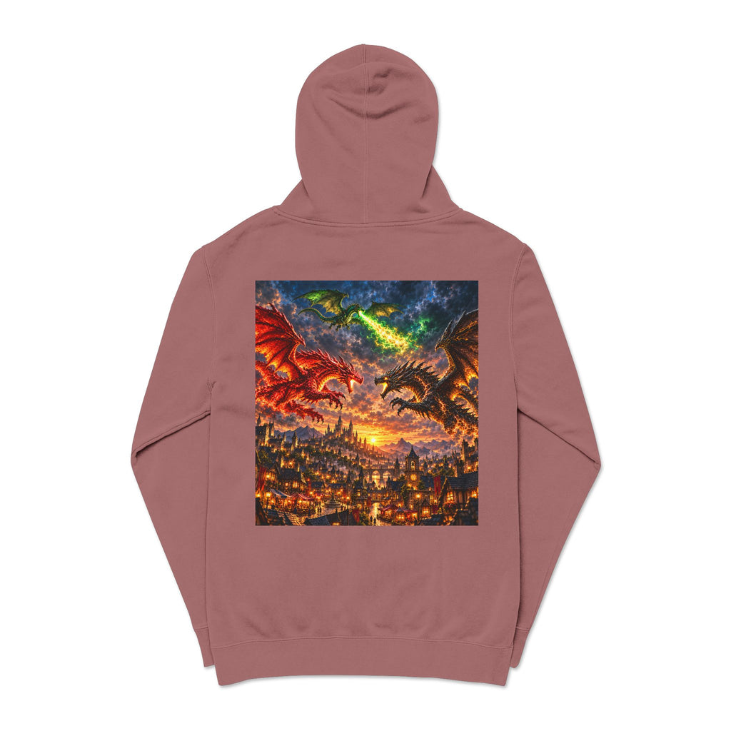 Dragon Battle Hoodie — Fantasy City Back Graphic Pigment-Dyed Sweatshirt
