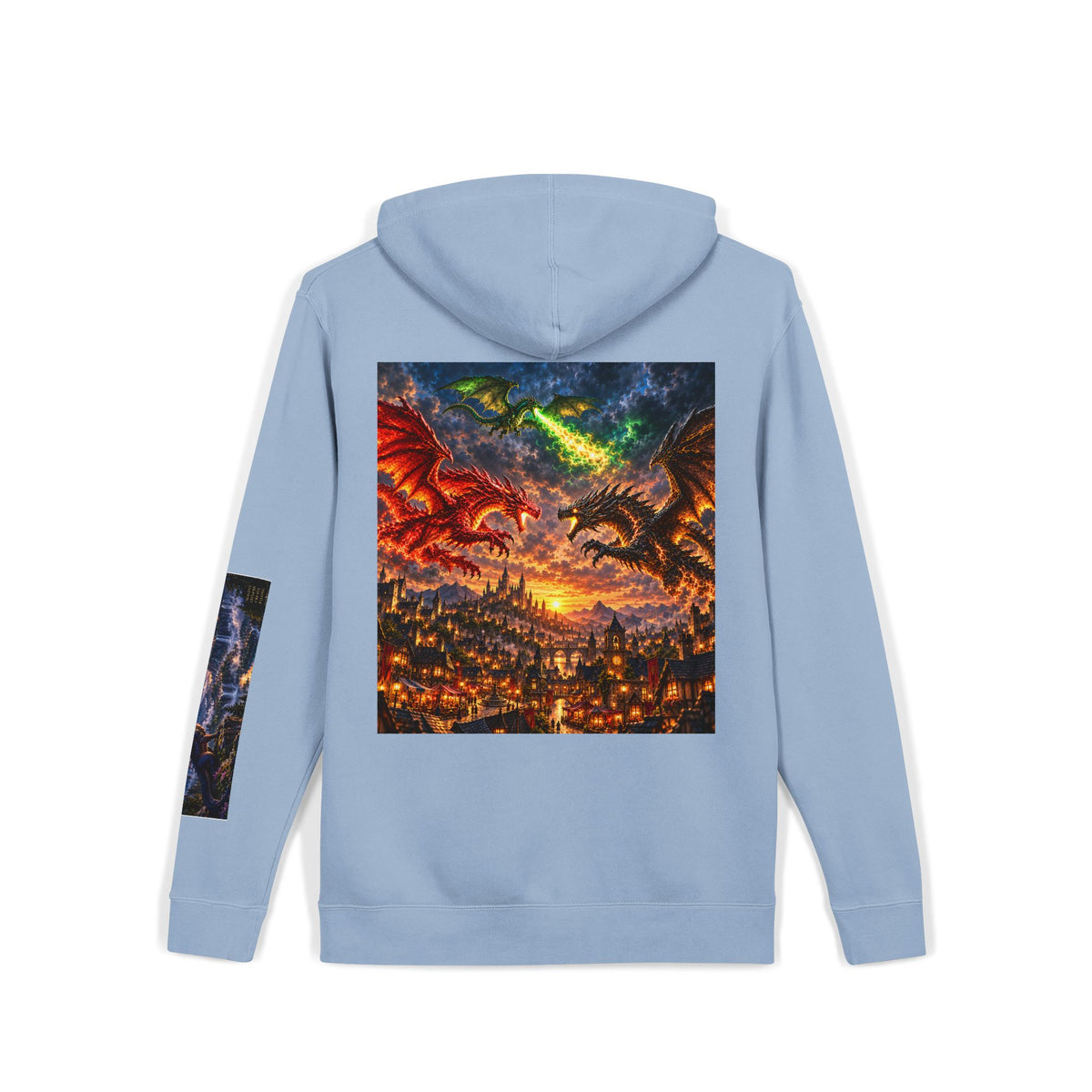 Dragon Battle Hoodie — Fantasy City Back Graphic Pigment-Dyed Sweatshirt