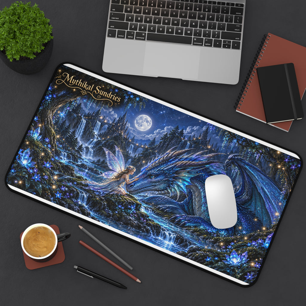 Fantasy Dragon & Fairy Desk Mat — Mystical Moonlit Office Mousepad