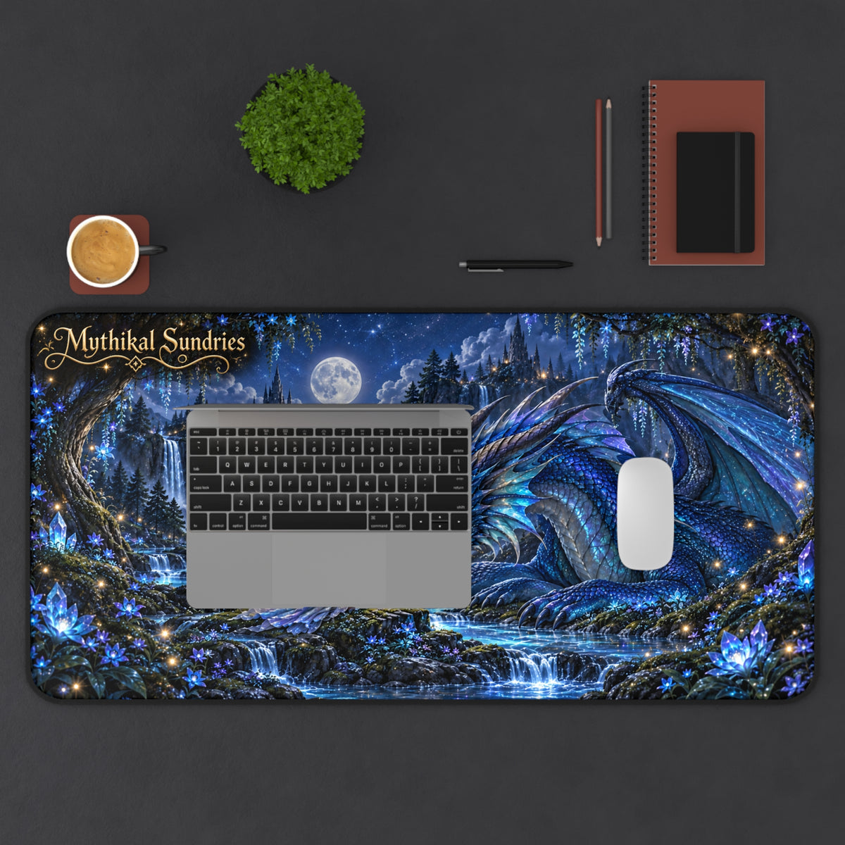 Fantasy Dragon & Fairy Desk Mat — Mystical Moonlit Office Mousepad