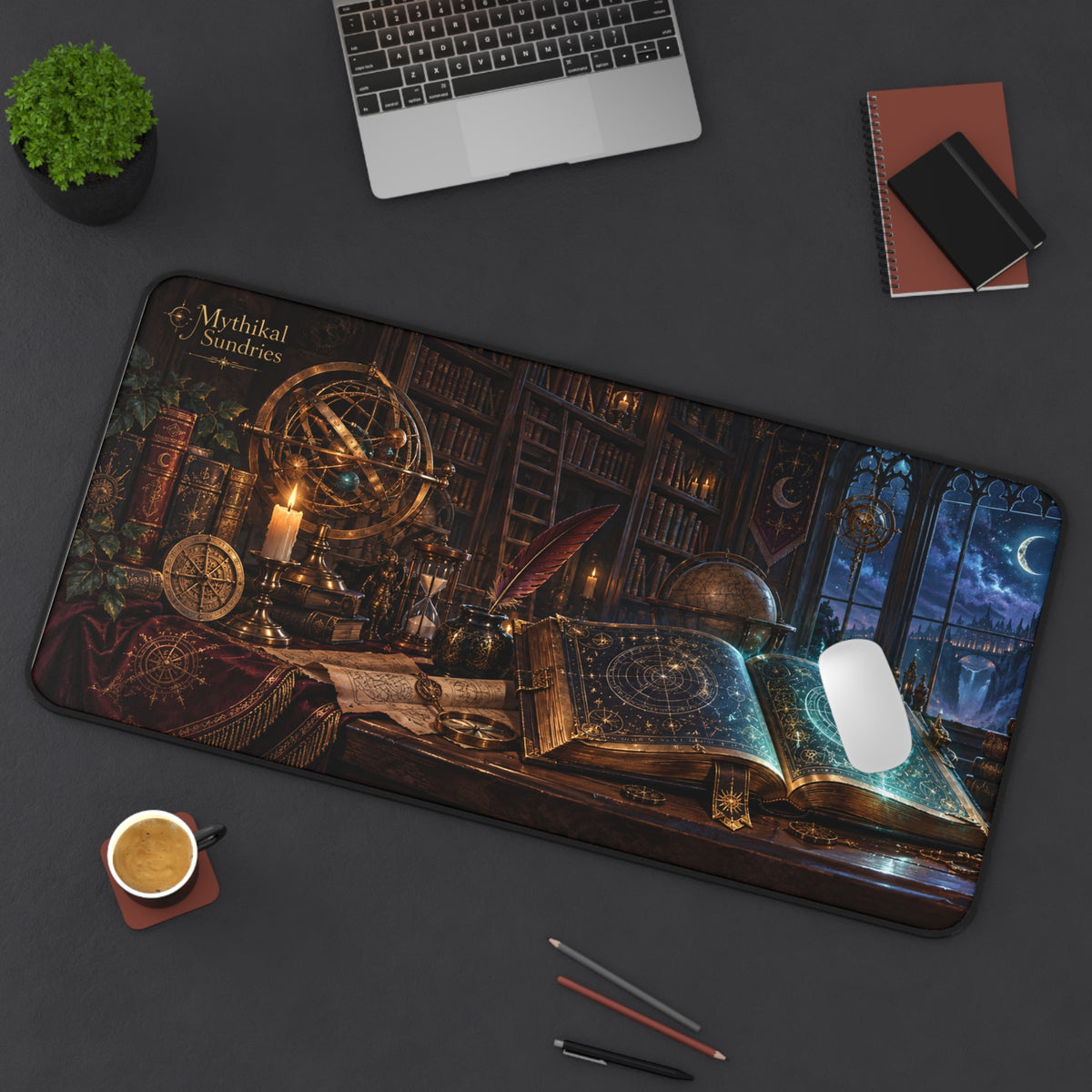 Mystic Study Desk Mat — Wizardry Library Mousepad with Moonlit Spellbook Design