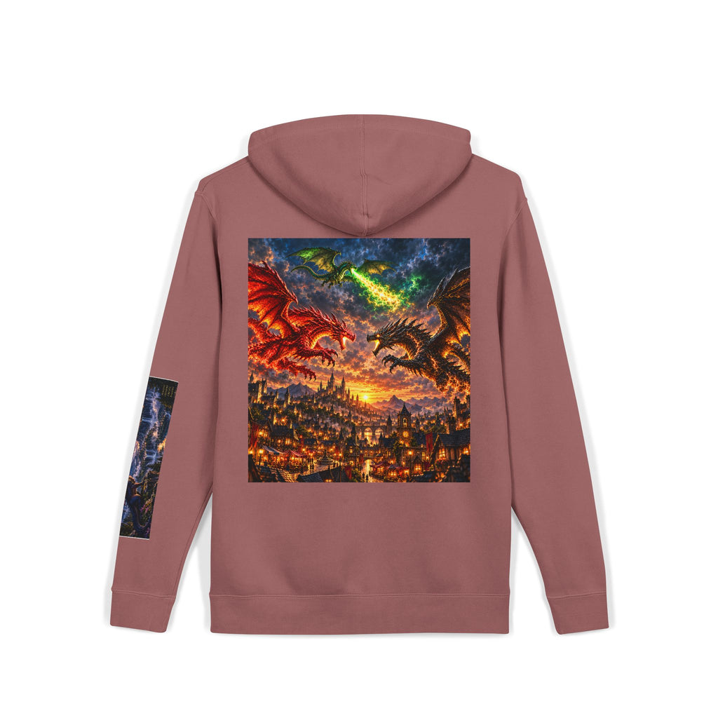 Dragon Battle Hoodie — Fantasy City Back Graphic Pigment-Dyed Sweatshirt