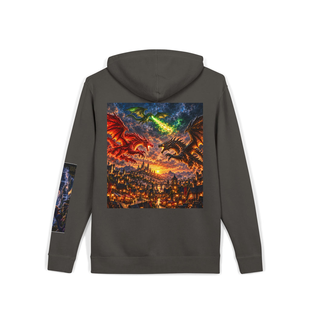 Dragon Battle Hoodie — Fantasy City Back Graphic Pigment-Dyed Sweatshirt