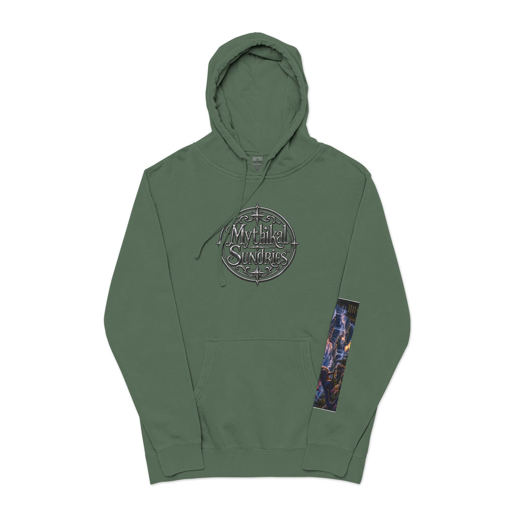 Dragon Battle Hoodie — Fantasy City Back Graphic Pigment-Dyed Sweatshirt