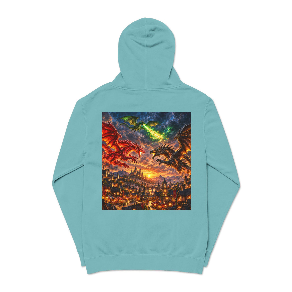 Dragon Battle Hoodie — Fantasy City Back Graphic Pigment-Dyed Sweatshirt