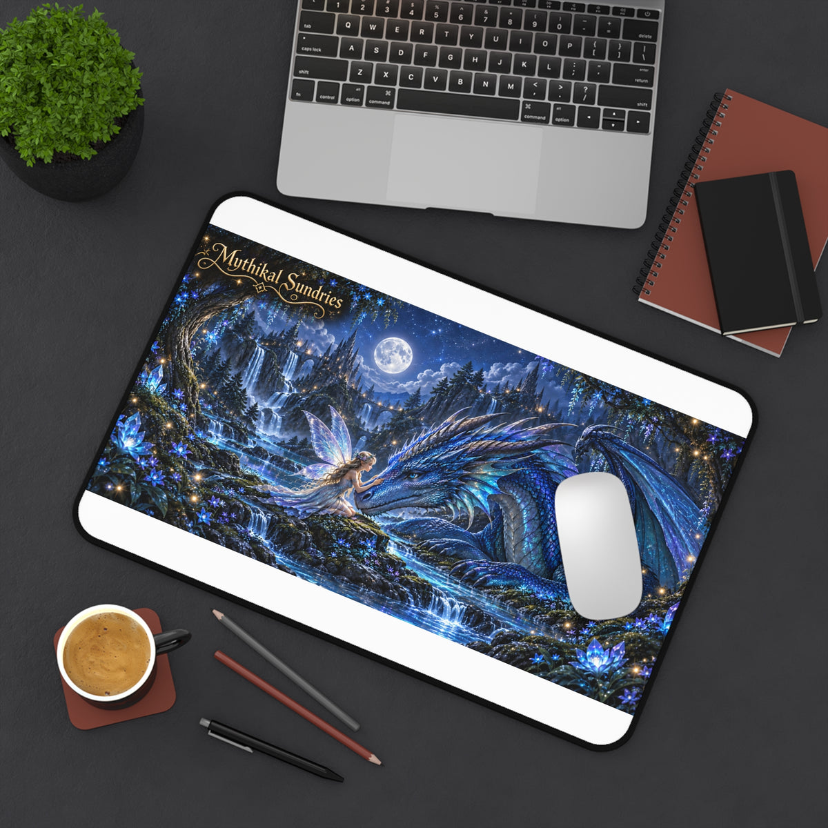 Fantasy Dragon & Fairy Desk Mat — Mystical Moonlit Office Mousepad