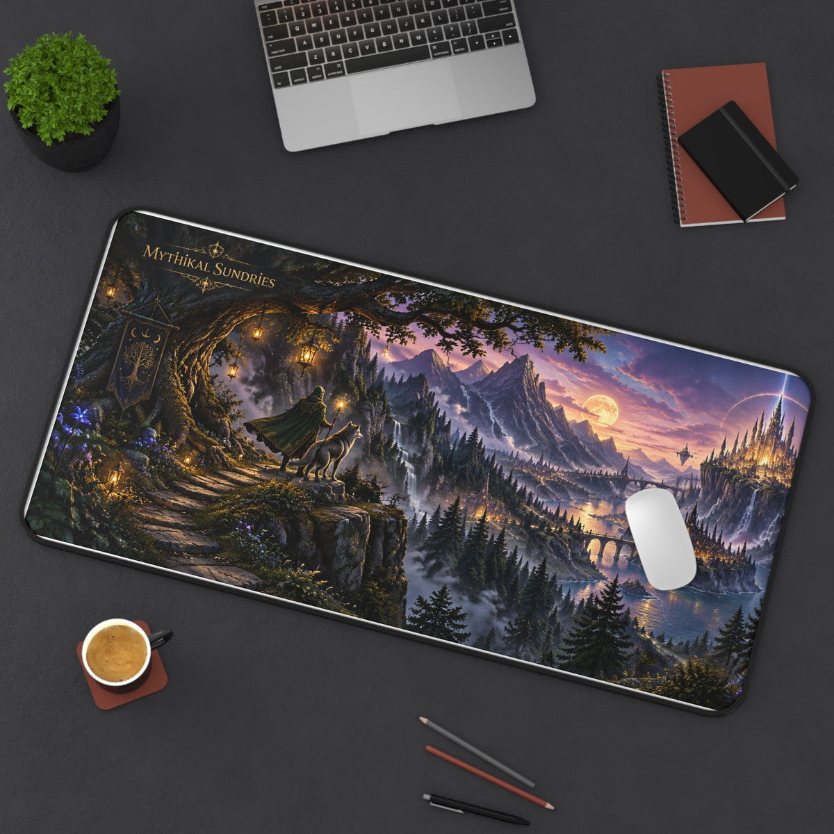 Fantasy Landscape Desk Mat — Enchanted Castle & Forest Gaming Mouse Pad