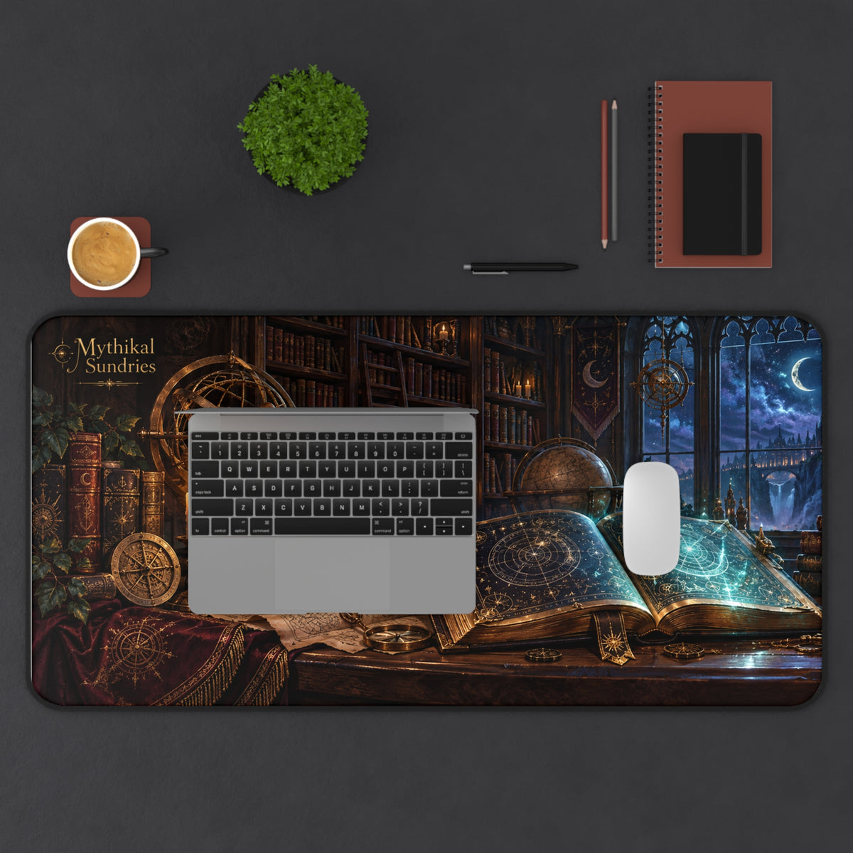Mystic Study Desk Mat — Wizardry Library Mousepad with Moonlit Spellbook Design