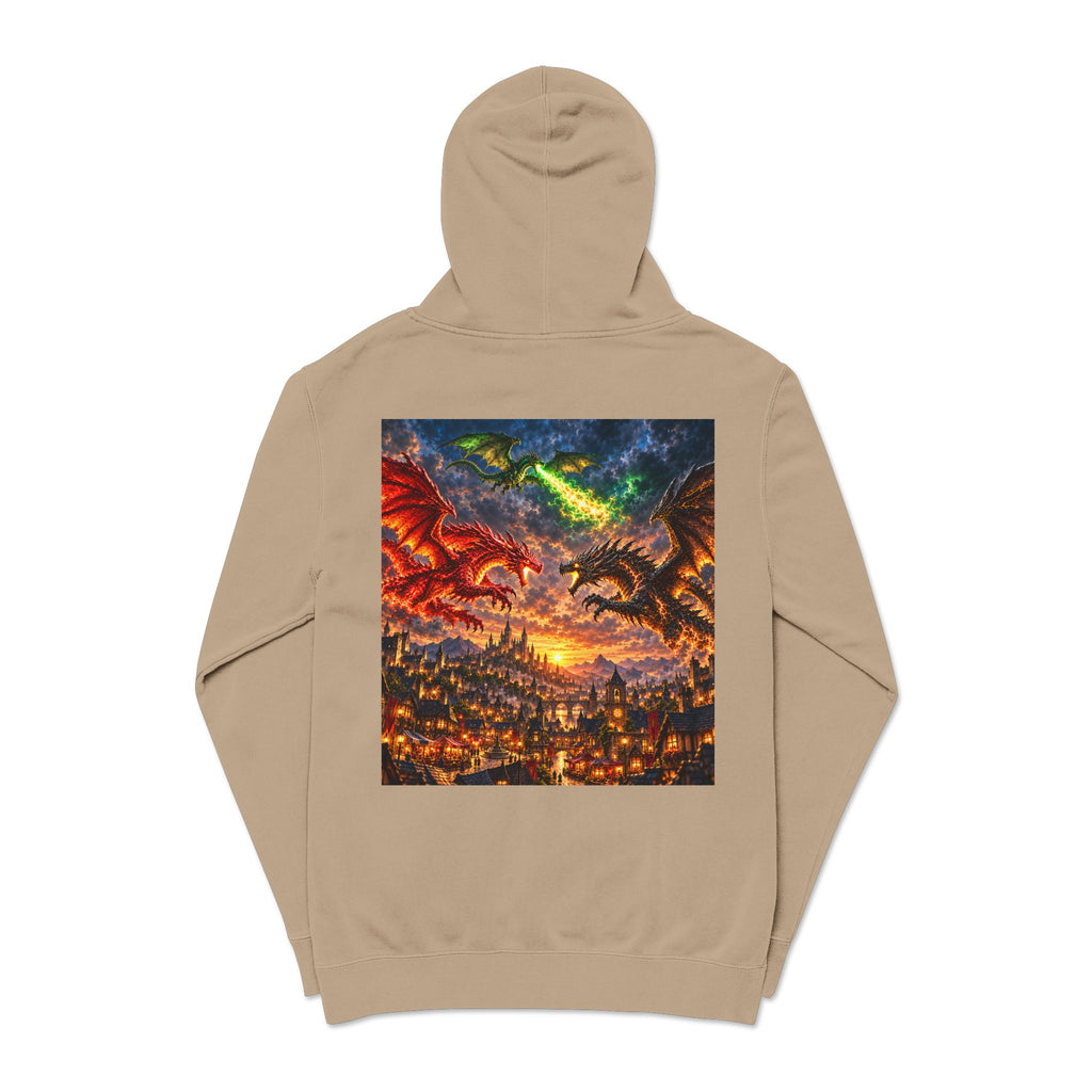 Dragon Battle Hoodie — Fantasy City Back Graphic Pigment-Dyed Sweatshirt