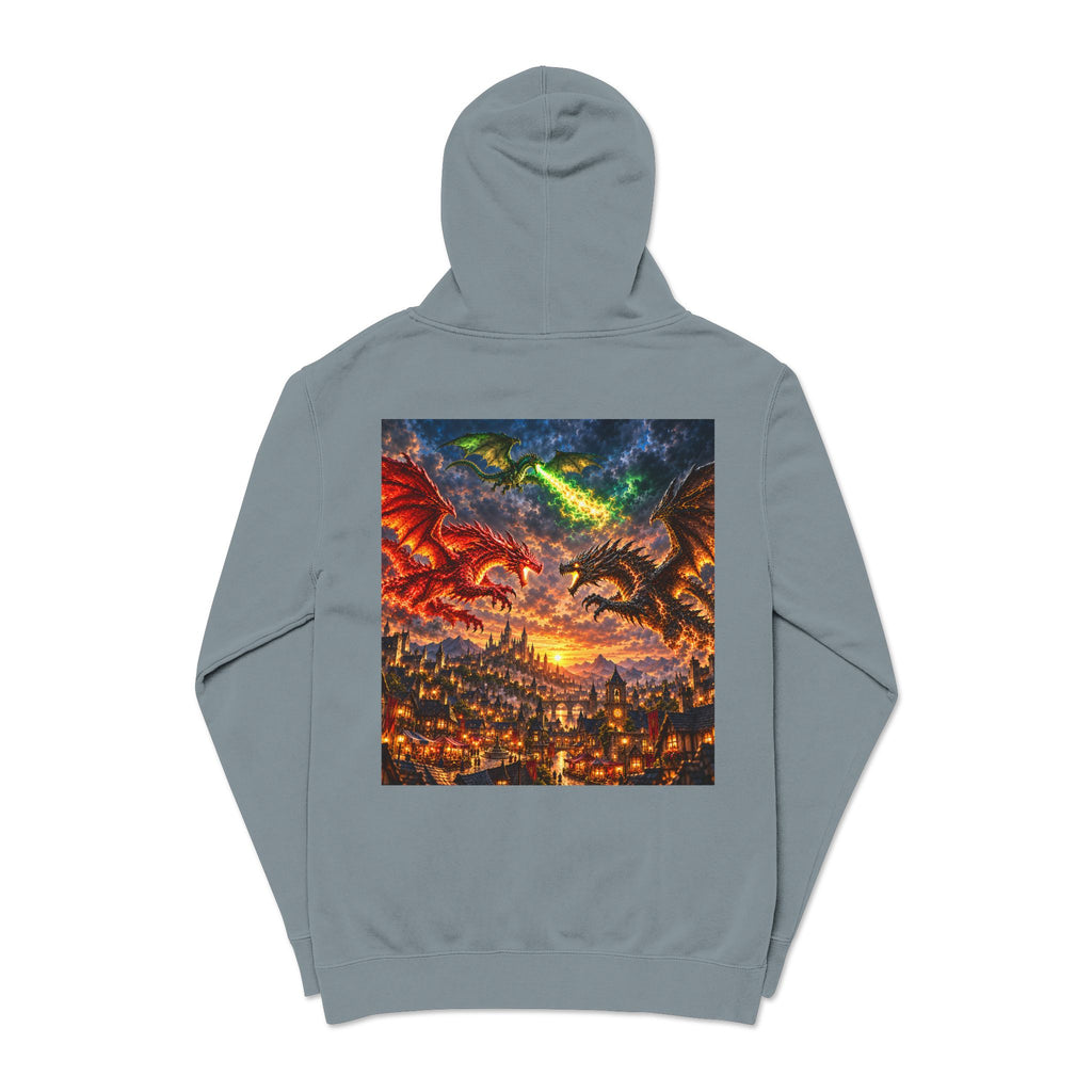 Dragon Battle Hoodie — Fantasy City Back Graphic Pigment-Dyed Sweatshirt