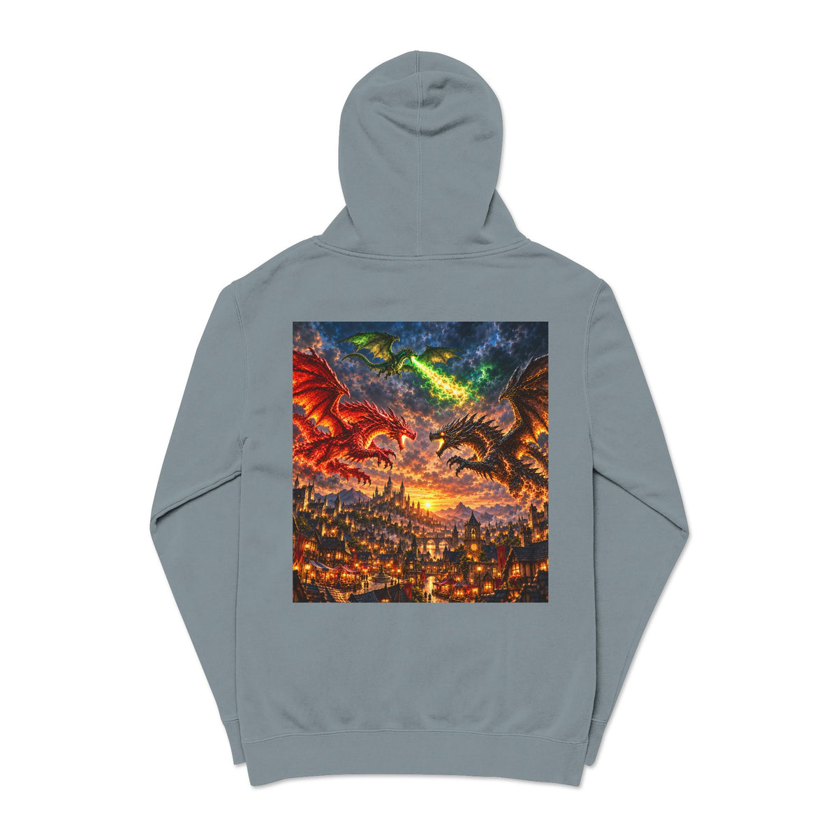 Dragon Battle Hoodie — Fantasy City Back Graphic Pigment-Dyed Sweatshirt