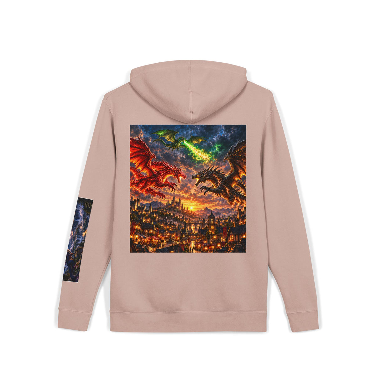 Dragon Battle Hoodie — Fantasy City Back Graphic Pigment-Dyed Sweatshirt