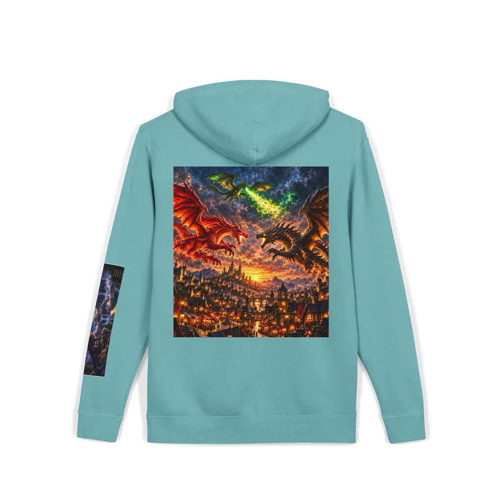 Dragon Battle Hoodie — Fantasy City Back Graphic Pigment-Dyed Sweatshirt